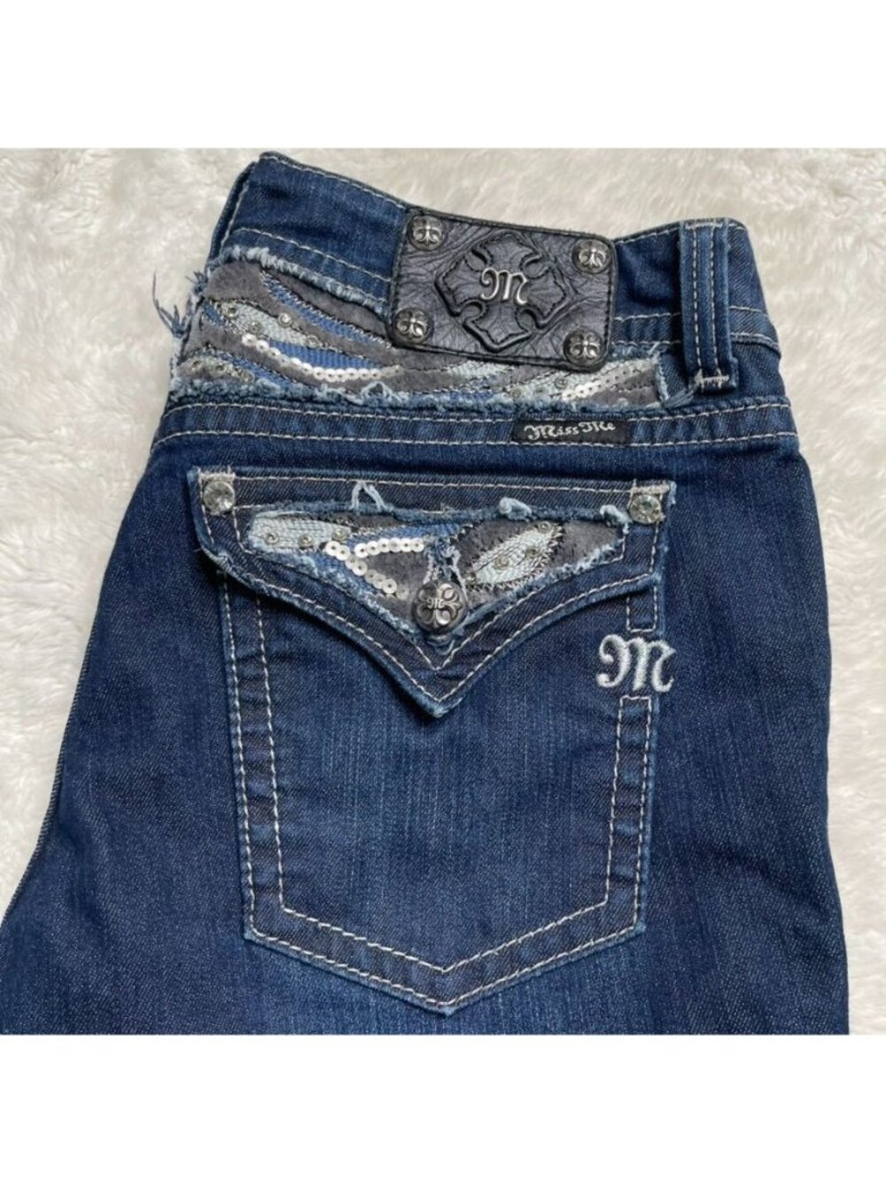 Miss Me Bootcut Jeans Size 30 Dark Wash Embellished Flap Pocket Y2K Bling